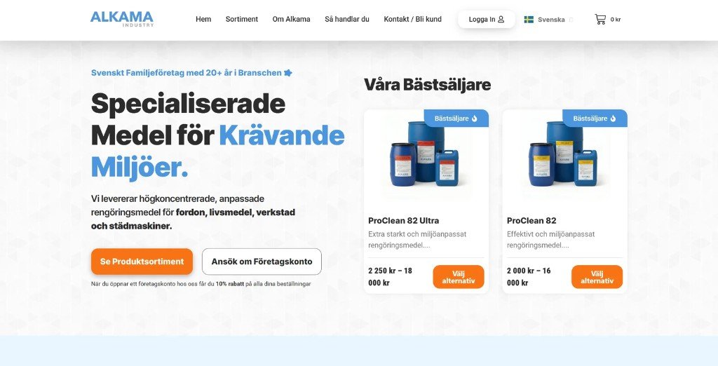 ALKAMA startsida — hero med bästsäljare i webbutiken