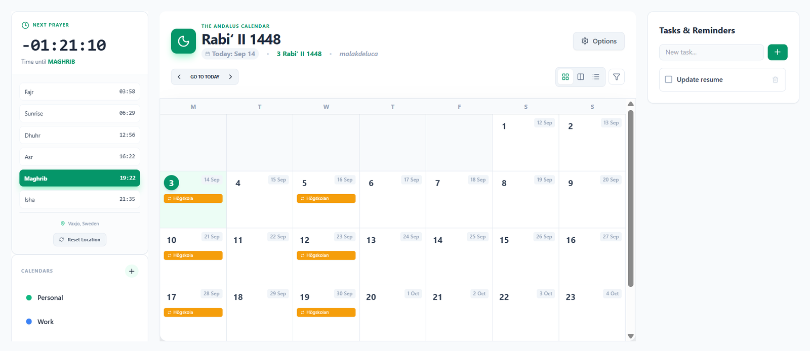 The Andalus Calendar i månadsvy — bönetider till vänster, hijri-datum i rutnätet och uppgifter till höger