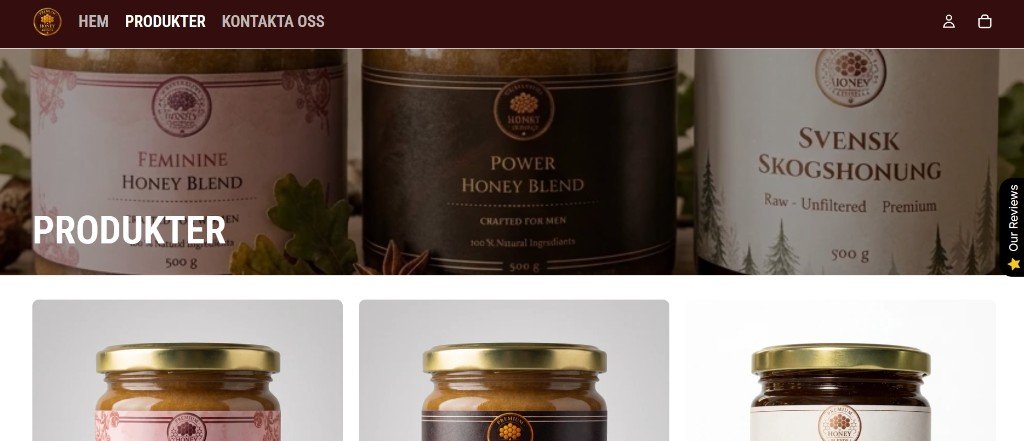 Produktsidan i desktop — tre honungsblends med produktkort under