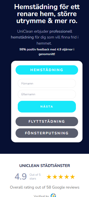UniClean mobil startsida — hero med offertformulär och Google-betyg