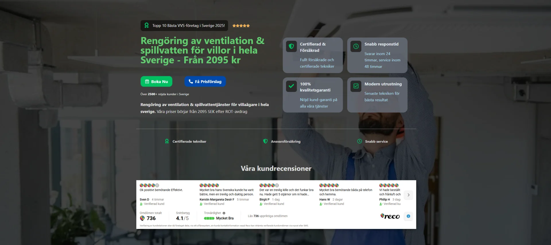 Ventilationskoll startsida — hero med pris från 2095 kr och kundomdömen